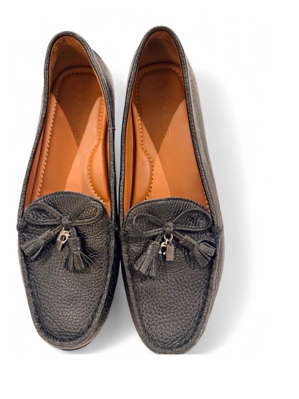 Women's Coach Black Pebbled Leather Tassel Moccasin Loafers